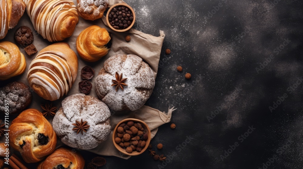 Poster an array of tempting baked goods in a flat lay style with copy space ai generated illustration