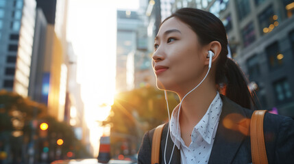 Asian business woman looking sideways while waiting for a cab in the morning. Happy young woman listening to music with earphoA woman with ear buds walks confidently down the street, lost in her music - obrazy, fototapety, plakaty