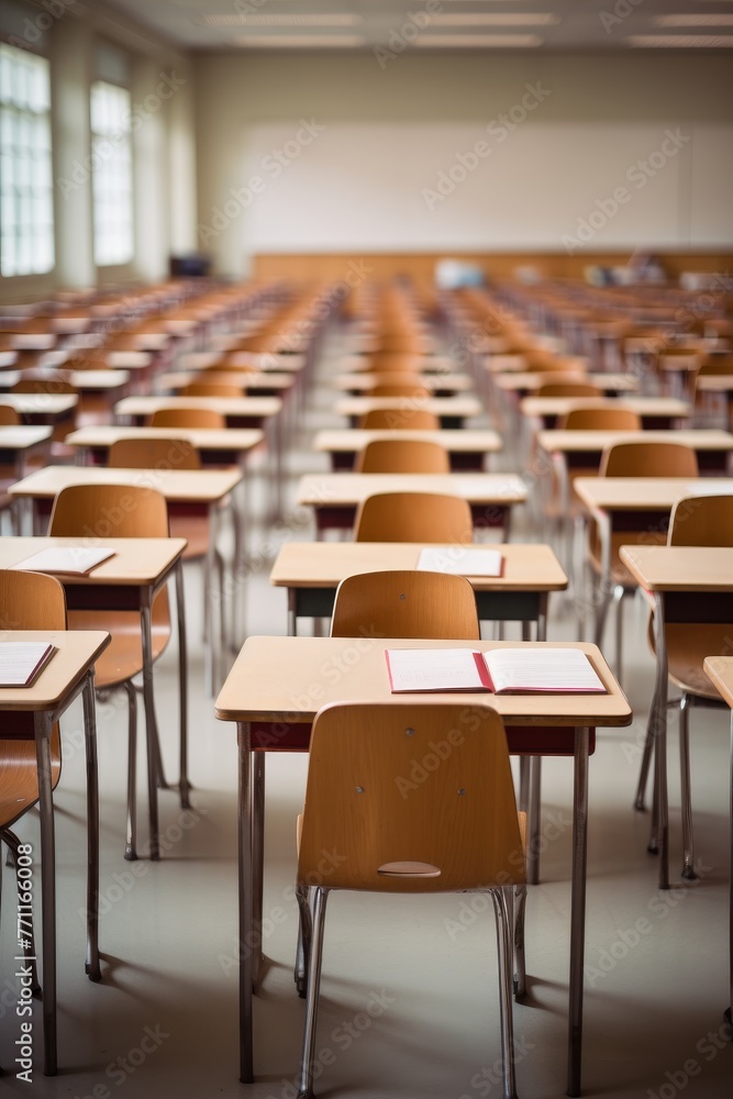 Poster an empty defocused university classroom with rows of desks ai generated illustration