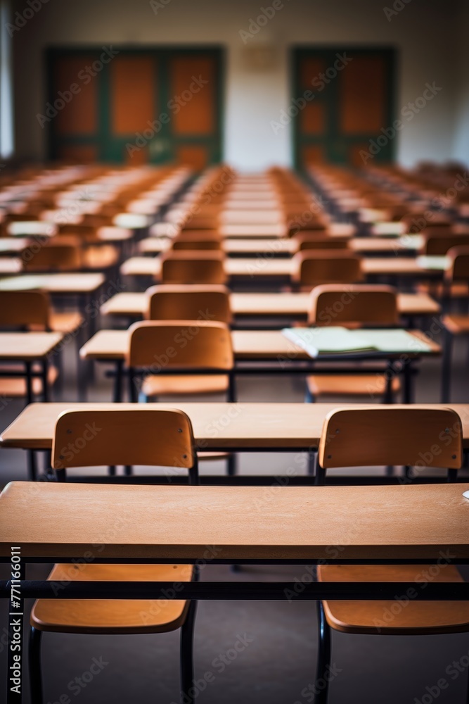 Poster an empty defocused university classroom with rows of desks ai generated illustration