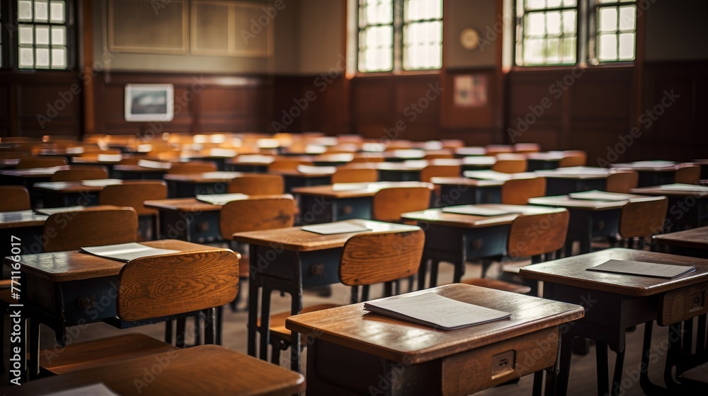 Poster an empty defocused university classroom with rows of desks ai generated illustration