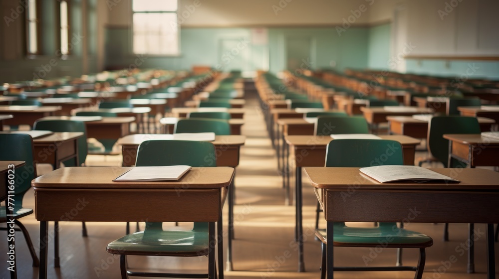Poster an empty defocused university classroom with rows of desks ai generated illustration
