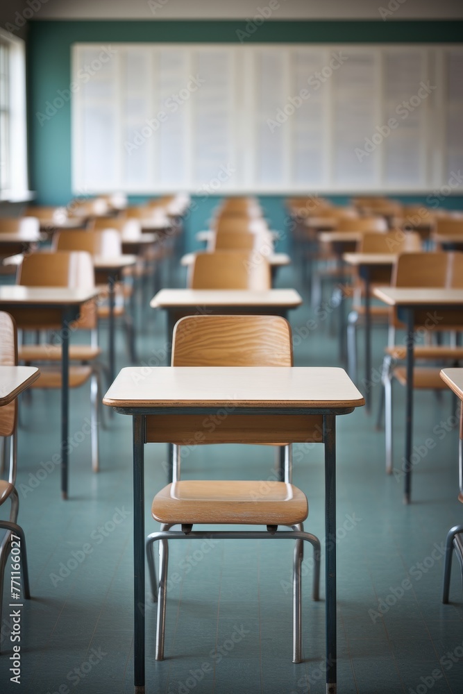 Poster an empty defocused university classroom with rows of desks ai generated illustration