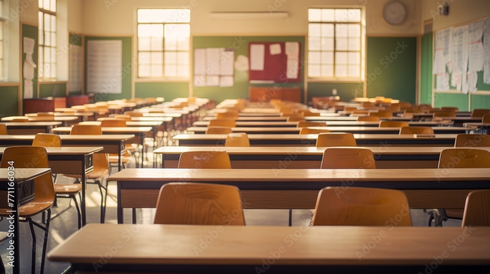 Poster an empty defocused university classroom with rows of desks ai generated illustration