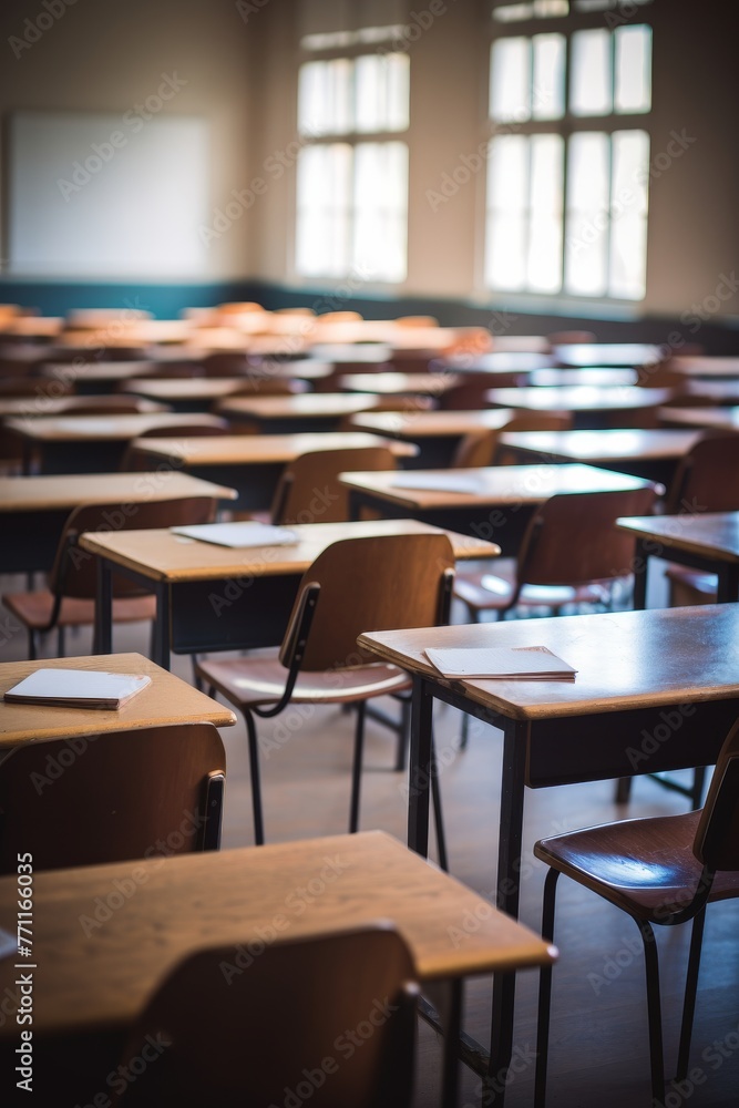 Poster an empty defocused university classroom with rows of desks ai generated illustration