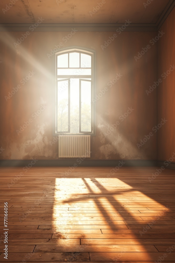 Poster an empty room with sunlight streaming through an open window ai generated illustration