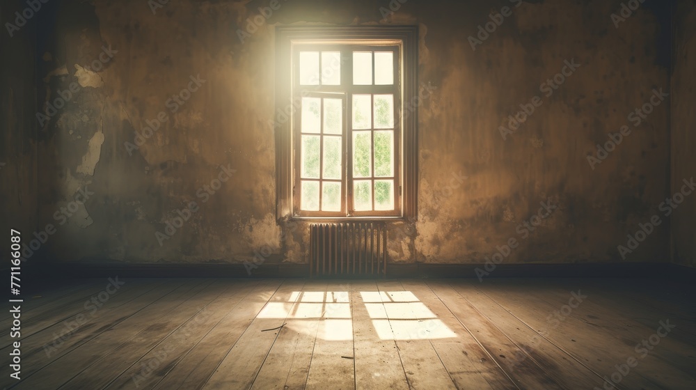 Poster an empty room with sunlight streaming through an open window ai generated illustration