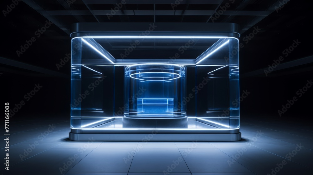 Poster an empty showcase at the center of a high-tech product launch setting ai generated illustration
