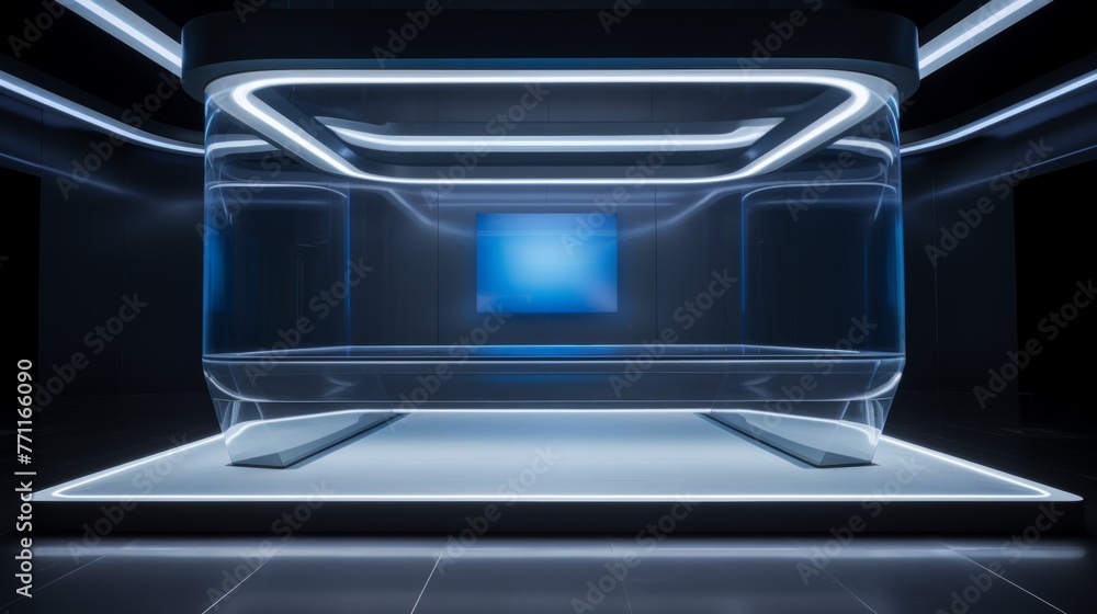 Poster an empty showcase at the center of a high-tech product launch setting ai generated illustration