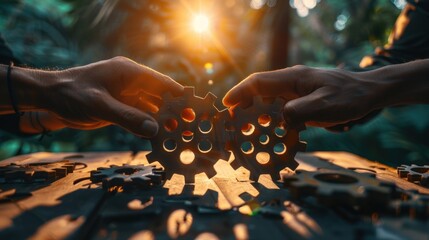 hands of businessmen collect gear from the gears of the details of puzzles. against the backdrop of dramatic sunlight. The concept of a business idea. Teamwork, strategy, cooperation, creativity - obrazy, fototapety, plakaty