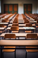 An empty defocused university classroom with rows of desks  AI generated illustration