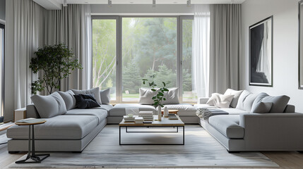 Fototapeta premium A cozy living room with a plush couch, elegant coffee table, and expansive windows allowing natural light to fill the space, Modern interior design 