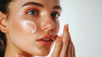 A woman laughs as she is covered in a mountain of fluffy cream on her face, creating a fun and messy moment, Hydration. Cream smear. Beuaty close up portrait of young woman with a healthy glowing skin