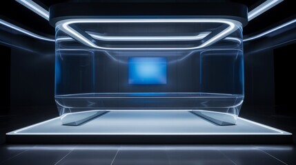 Obraz premium An empty showcase at the center of a high-tech product launch setting AI generated illustration