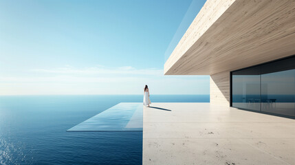 A person stands on a ledge, gazing out over the vast expanse of the ocean, surrounded by the crashing waves and endless horizon at a luxury modern villa 