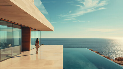 A woman stands on a balcony, gazing out at the vast expanse of the ocean before her modern villa with pool