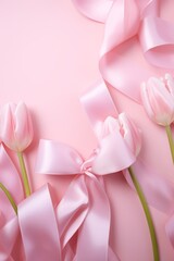 Obraz premium An image of ribbon bows amidst scattered tulips on a soft pink backdrop AI generated illustration