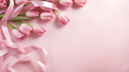 An image of ribbon bows amidst scattered tulips on a soft pink backdrop AI generated illustration