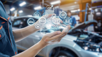 A person standing in front of a car, holding a smart phone, Hand of mechanic holding car service and checking, Customer service guarantee concept floating icons of car repair service