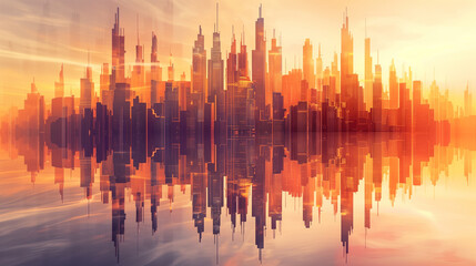 Surreal Urban Reflections with Sunrise Over Futuristic City Skyline