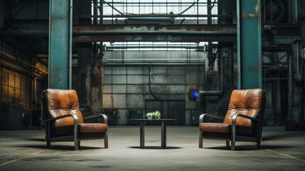 An industrial-style interior highlighted by two chairs set for an interview  AI generated illustration