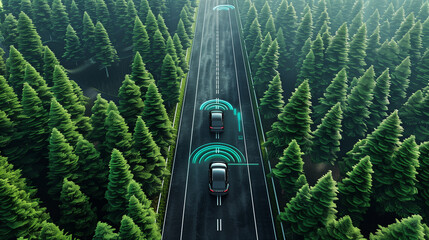 Two cars drive along a scenic road surrounded by lush green trees in a serene and picturesque setting, top view of a car driving on a winding road in a green forest with Sensing system and wireless co