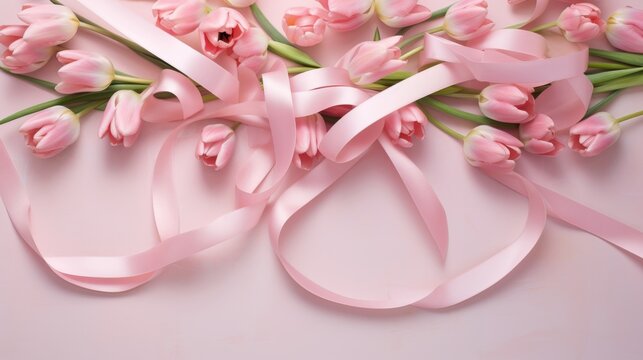 An image of ribbon bows amidst scattered tulips on a soft pink backdrop  AI generated illustration