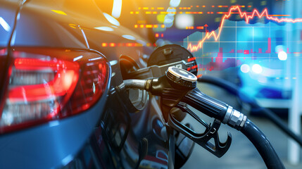 A close-up of a cars fuel pump in action at a gas station, filling up with gasoline to power the vehicle, Car with a fuel nozzle and rising chart showing gasoline price increase during energy crisis i - obrazy, fototapety, plakaty