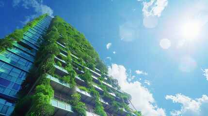 Green skyscraper building with plants growing on the facade. Ecology and green living in city, urban environment concept, A tall building covered in lush green plants stands against a clear blue sky - Powered by Adobe