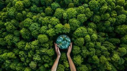 A person gently cradling a vibrant green earth in their hands, symbolizing care, protection, and responsibility towards the planet, Earth Day concept