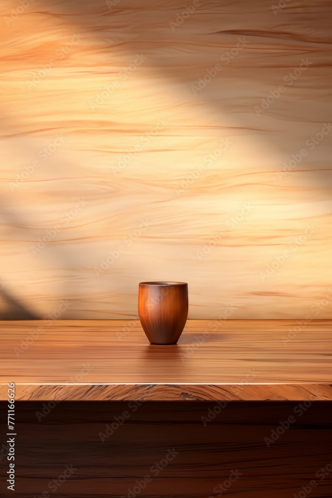 Poster artistic representation of an empty table top made from a medium wood located on a shelf with blurry