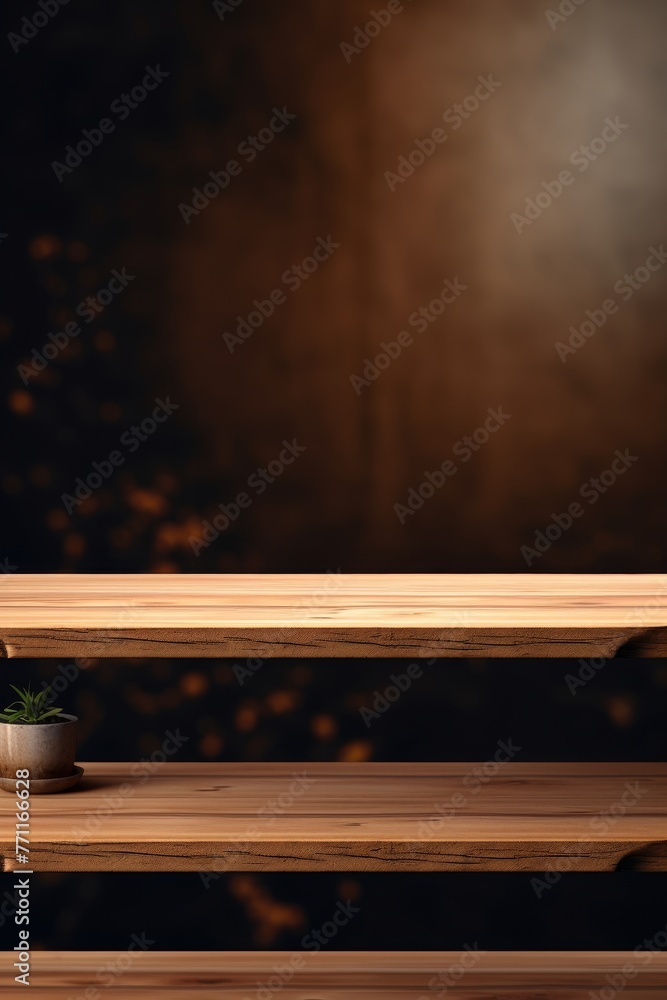Poster artistic representation of an empty table top made from a medium wood located on a shelf with blurry