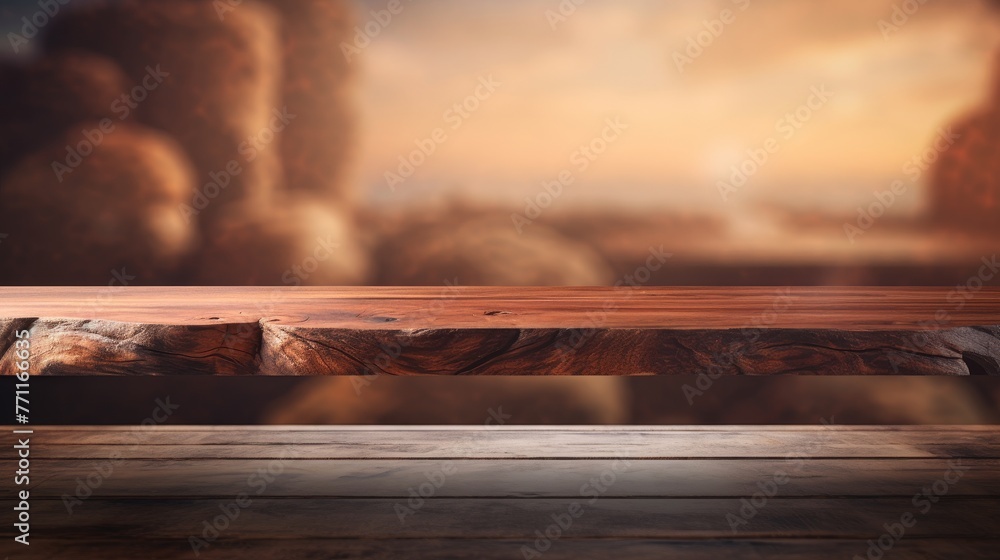 Poster artistic representation of an empty table top made from a medium wood located on a shelf with blurry