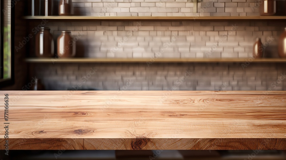 Poster artistic representation of an empty table top made from a medium wood located on a shelf with blurry