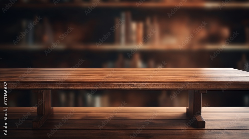 Poster artistic representation of an empty table top made from a medium wood located on a shelf with blurry
