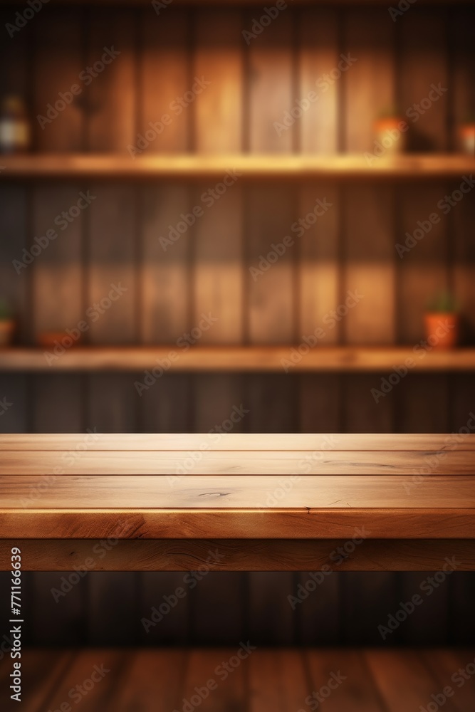 Aufkleber artistic representation of an empty table top made from a medium wood located on a shelf with blurry