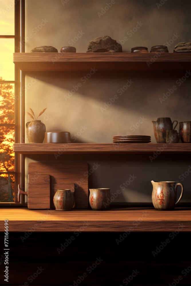 Poster artwork that involves an empty wooden tabletop situated on a shelf with everything else in the backd