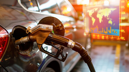 A close up of a gas pump with a car in the background, getting refueled under a clear blue sky, Car with a fuel nozzle and rising chart showing gasoline price increase during energy crisis in the worl - obrazy, fototapety, plakaty