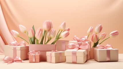 Artistic rendering of gift boxes with ribbon bows spread around fresh tulips on a pale pink surface AI generated illustration