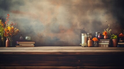 Artwork that involves an empty wooden tabletop situated on a shelf with everything else in the backdrop out of focus AI generated illustration