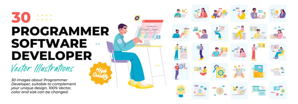 Bundle collection of programmer developer, software enginering, coding, equipment stock, informatics engineering concept illustrations. Set of illustration of software engineer and programmer.