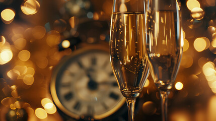 Two elegant champagne glasses stand next to a ticking clock, symbolizing a moment of celebration and the passing of time, happy new year - obrazy, fototapety, plakaty