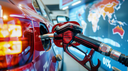A vibrant red car at a gas station, with a gas pump attached to it, ready to refuel for its next journey, Rise in gasoline prices concept with double exposure of digital screen with financial chart gr - obrazy, fototapety, plakaty