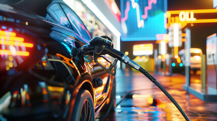 A car plugged into at a gas station, getting a boost of energy, Rise in gasoline prices concept with double exposure of digital screen with financial chart graphs
