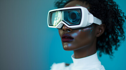 A black woman is experiencing a digital world through virtual reality glasses, immersing herself in a realm of creativity and innovation