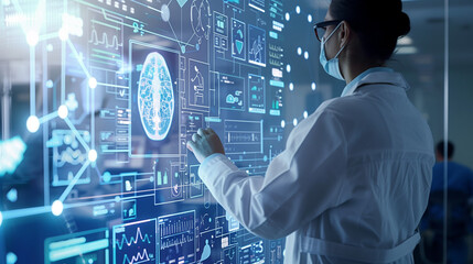 A woman in a white lab coat standing in front of a large screen, writing and analyzing data for scientific research and innovation