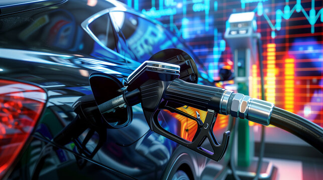 Rise in gasoline prices concept with double exposure of digital screen with financial chart graph station amidst traditional gas pumps at a service station