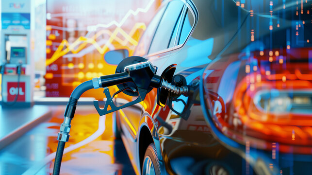 Rise in gasoline prices concept with double exposure of digital screen with financial chart graphs