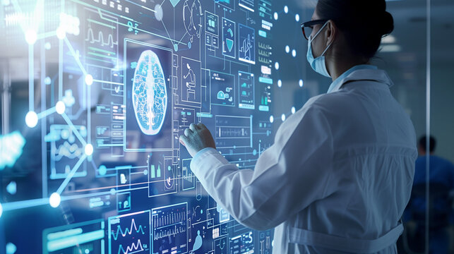 A woman in a white lab coat standing in front of a large screen, writing and analyzing data for scientific research and innovation