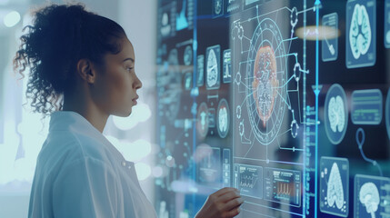 A woman intensely examines a screen displaying various medical icons and data, immersed in the world of digital healthcare technology